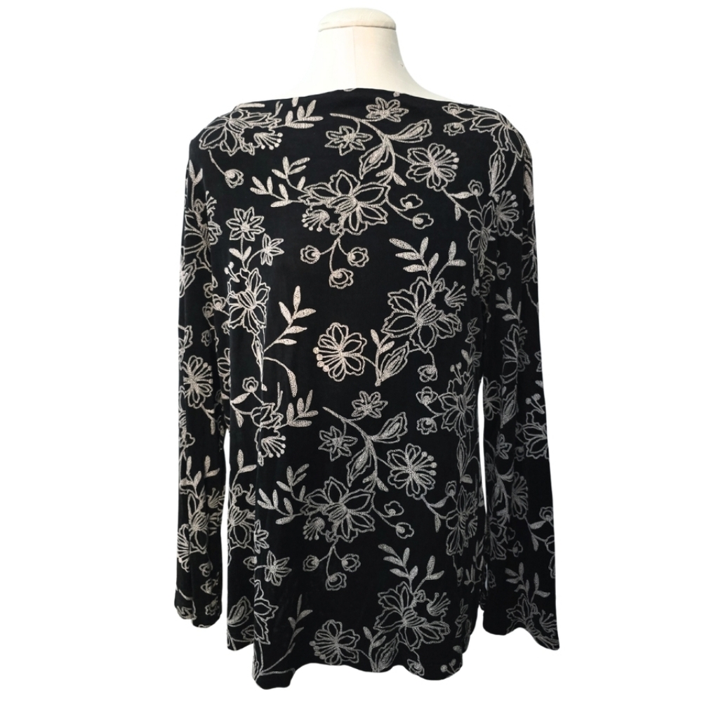 Coldwater Creek 90s Embroidered Floral Blouse Black White Long Sleeve Medium